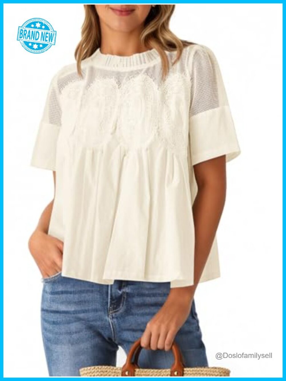 Womens Lace Blouse Short Sleeve Peplum Babydoll Ruffle Crewneck Top